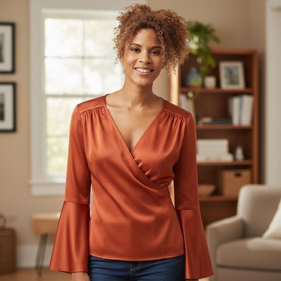 Boston Proper Orange Satin Bell Sleeve Faux Wrap Top Size 6 - Picture 1 of 6